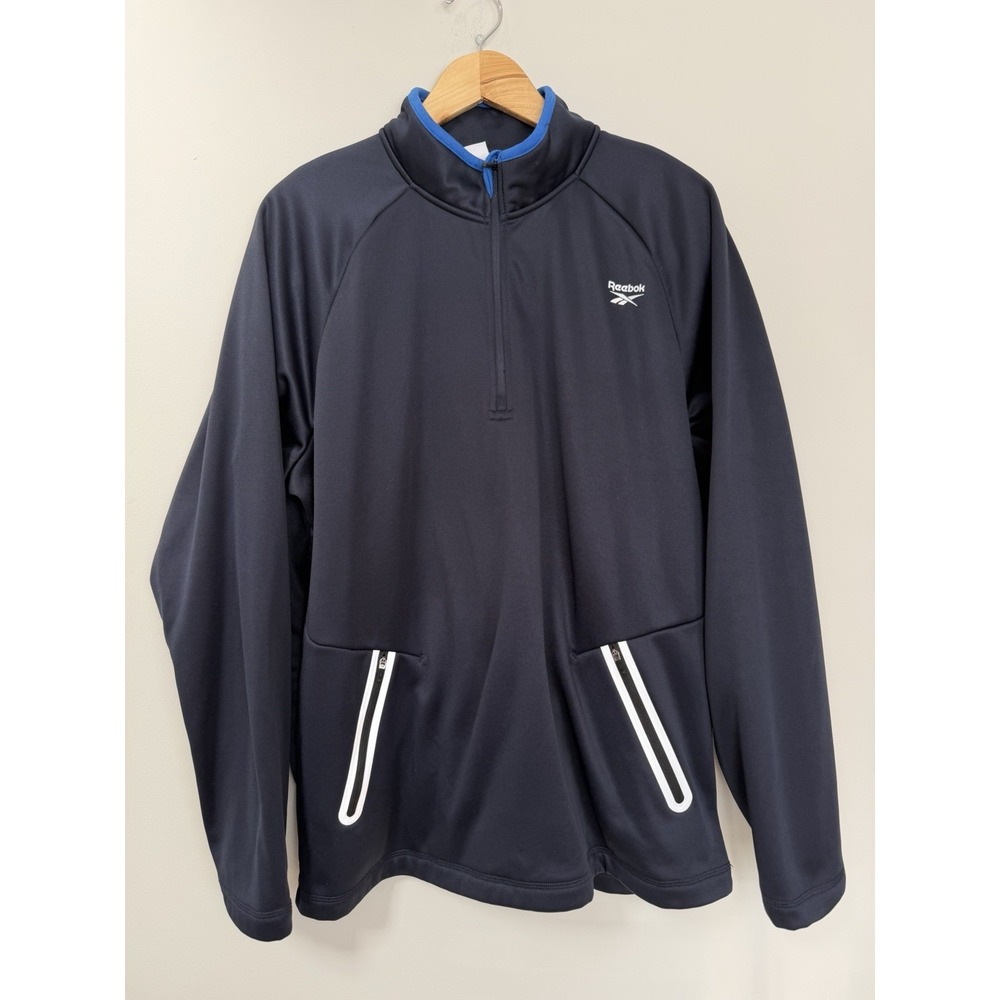 Reebok Quarter Zip Pullover Mens XL Navy Blue Reflective Trim Athletic Jacket